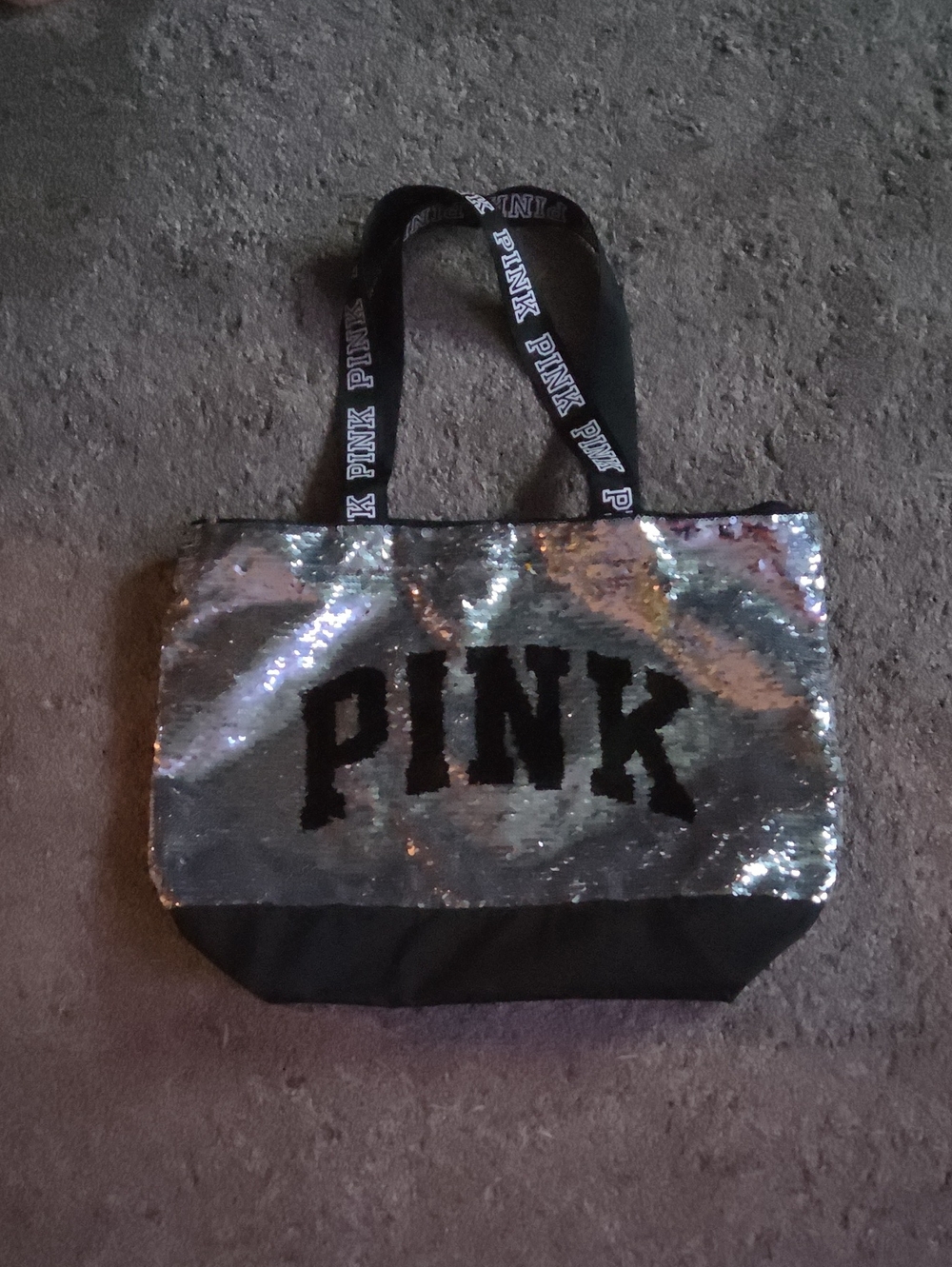 PINK Victoria's Secret Silver Sequin Tote with Black Accents